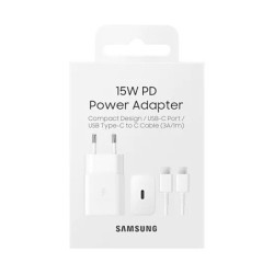 Samsung 15W Adaptateur Secteur USB (Officiel) + Câble USB-C (blanc) - LCDP