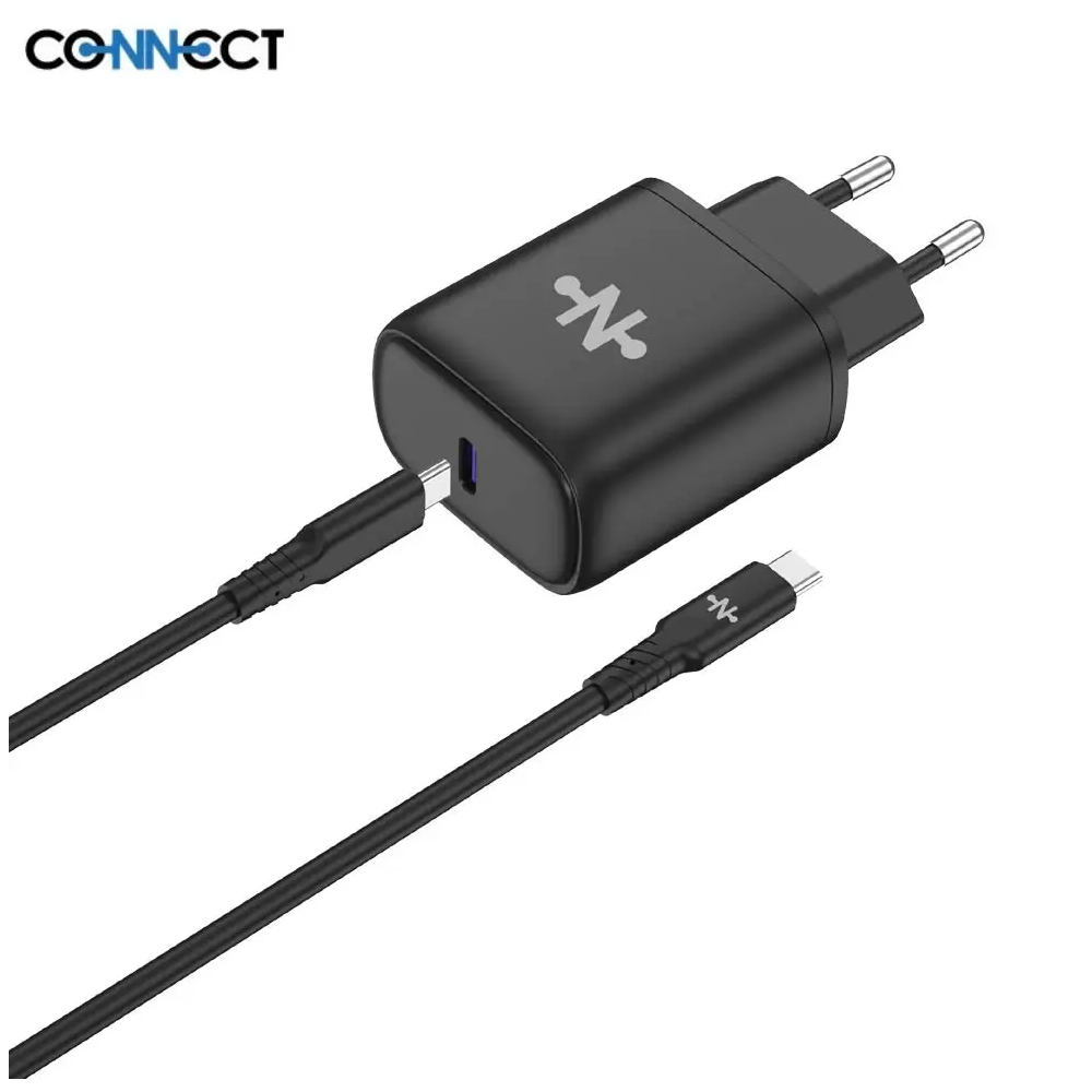 Chargeur Secteur USB-C CONNECT Charge Rapide 25W avec Câble Data Type-C vers Type-C (1m) Noir - MOB