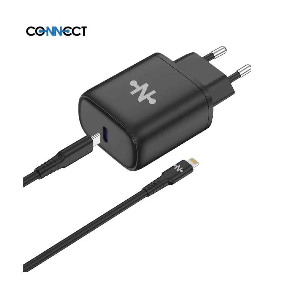 Chargeur Secteur Type-C CONNECT Charge Rapide 25W avec Câble Data Type-C vers Lightning (1m) Noir - MOB