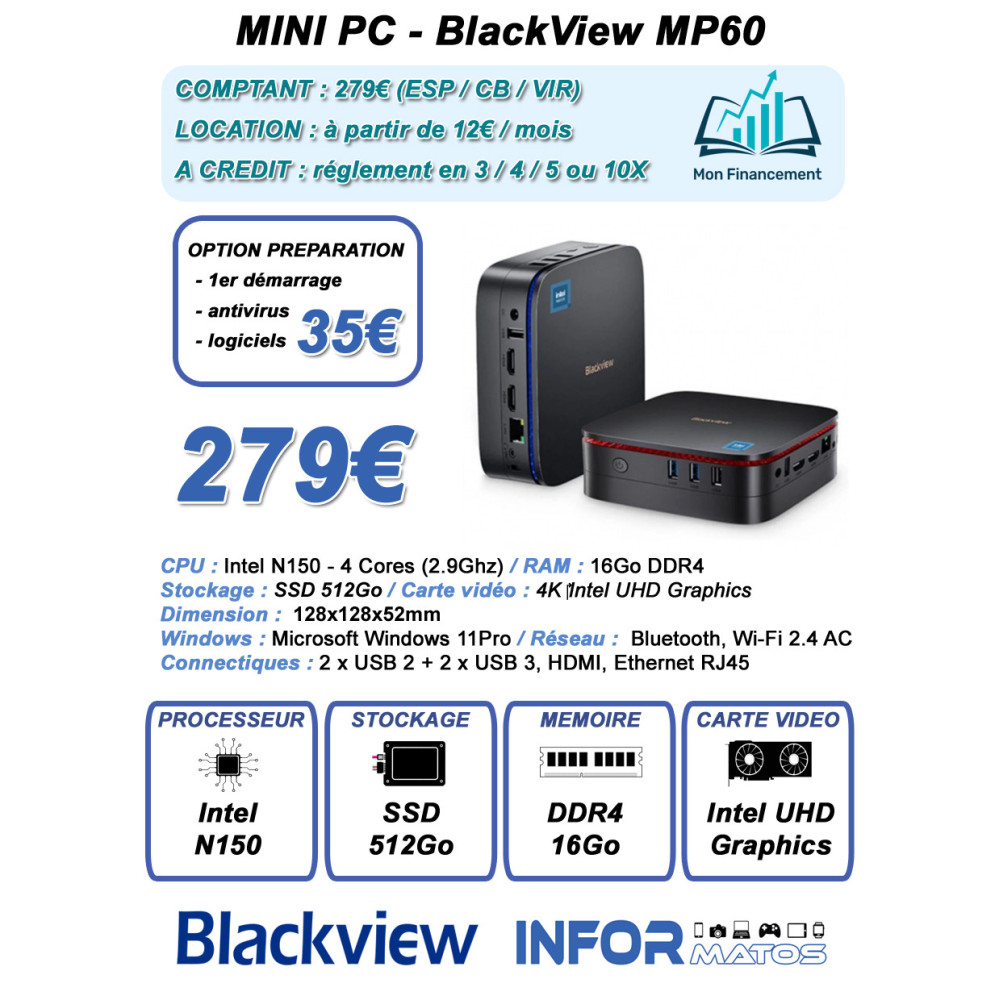 Mini PC Blackview MP60 (11e génération) - Intel N150 2.9 GHz - 16 Go / 512 Go SSD - Windows 11 Pro - Noir - LCDP
