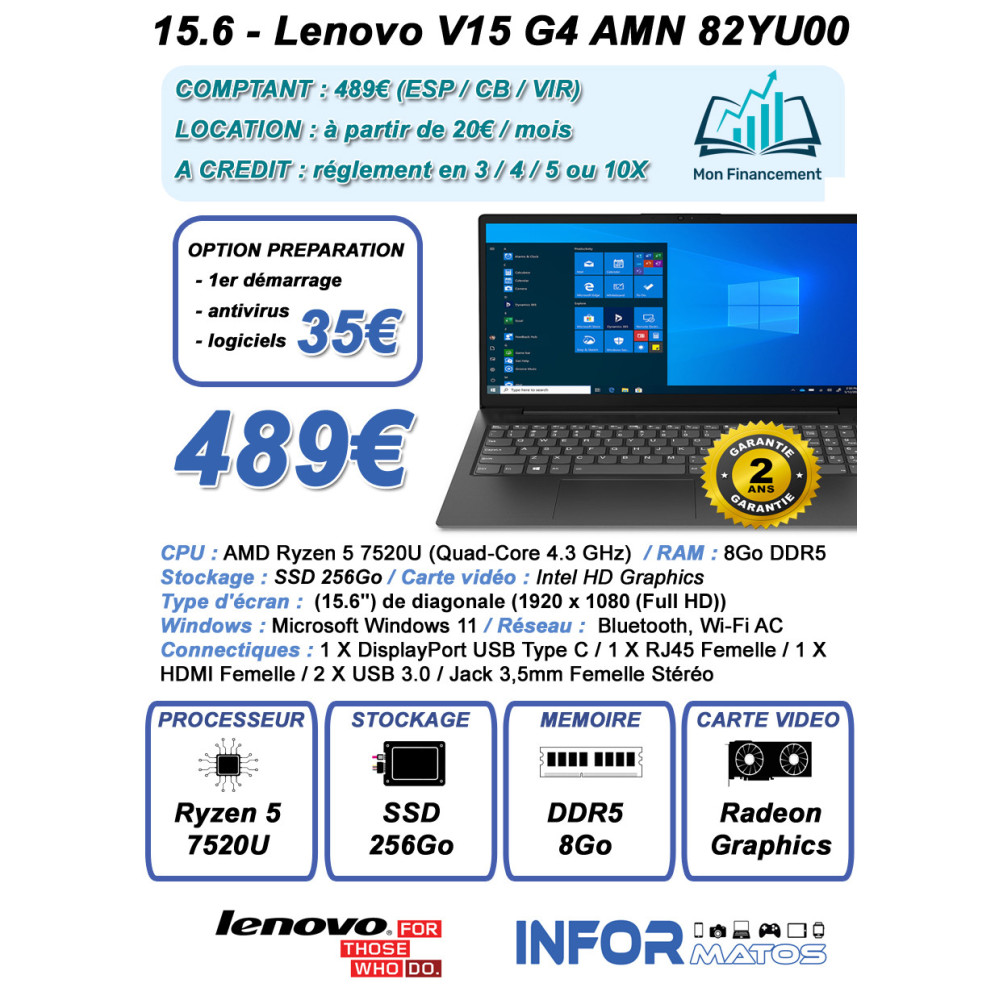 15.6 - Lenovo V15 G4 AMN 82YU00TVFR - 1FO