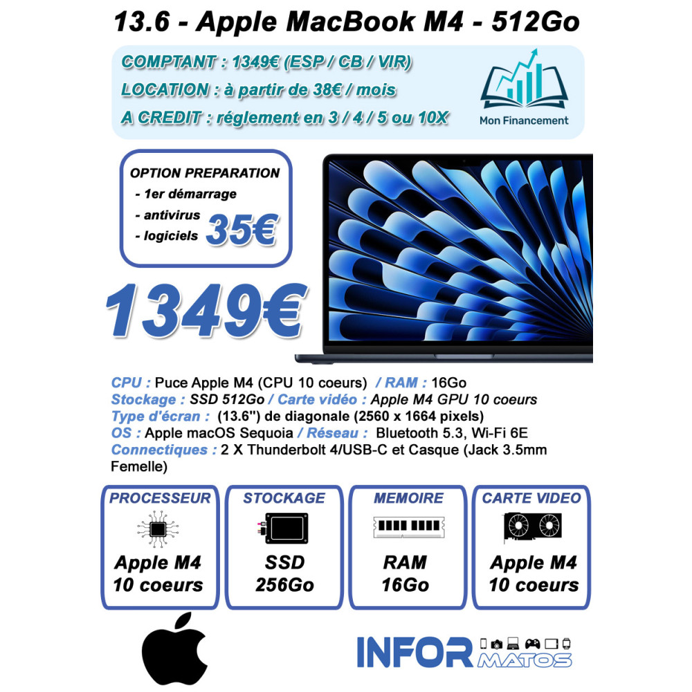 Apple MacBook Air M4 13 pouces Minuit 16Go/512 Go - ZON