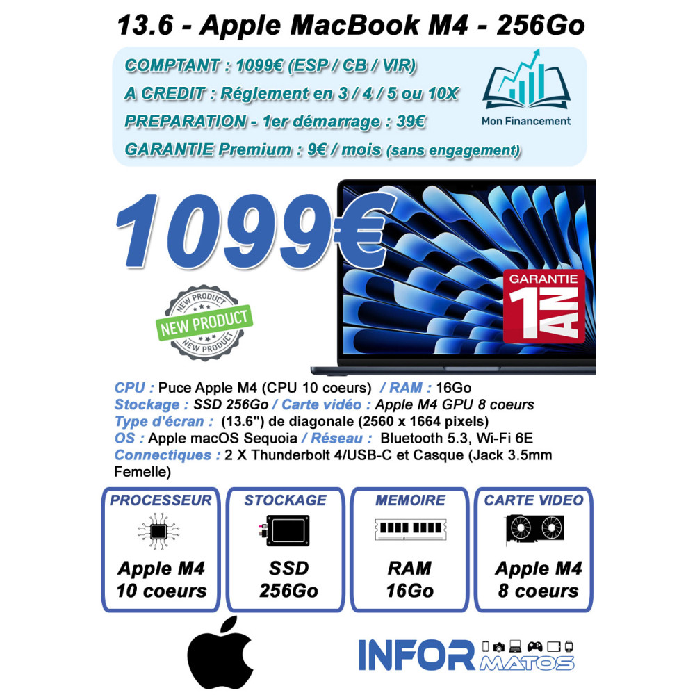 Apple MacBook Air M4 13 pouces Minuit 16Go/256 Go - ZON