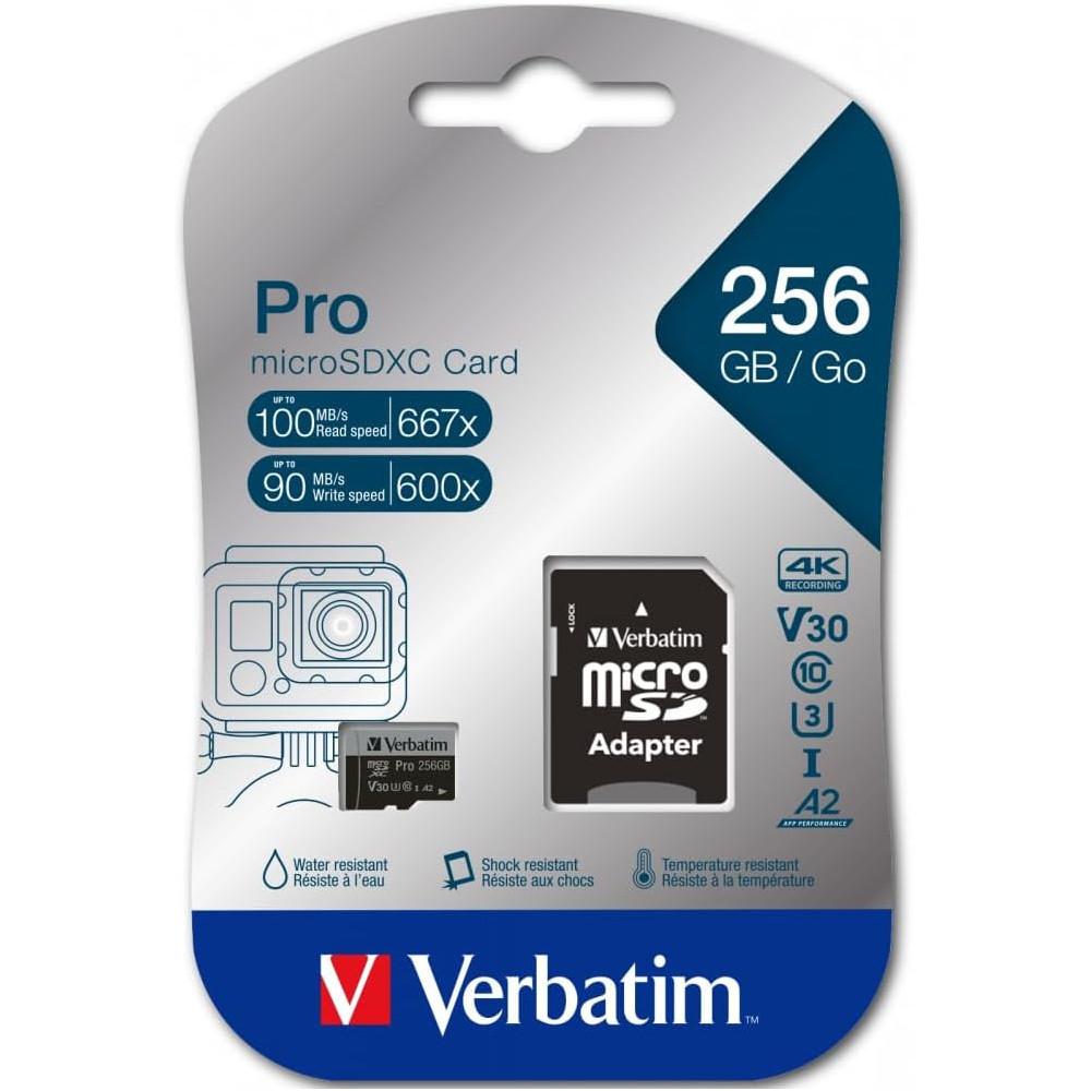 Carte mémoire Micro SD Verbatim Pro U3 - 256Go avec adaptateur - 47045 - 1FO