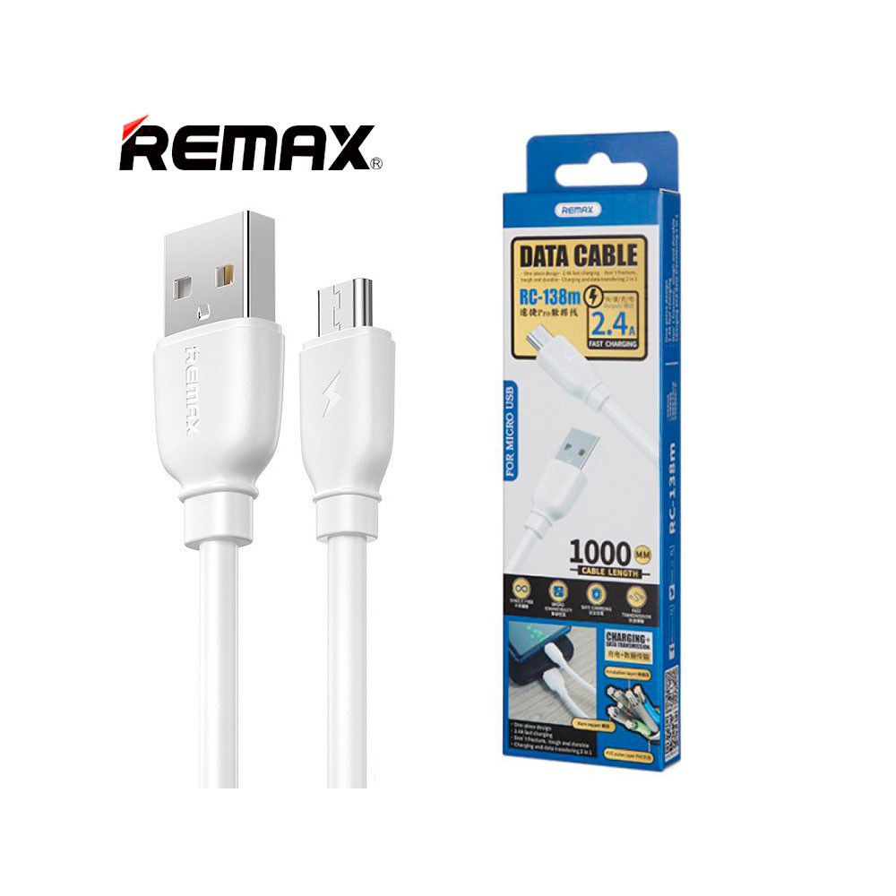 Câble 1M Micro USB Remax RC-138M (2.4A - Blanc) - LCDP