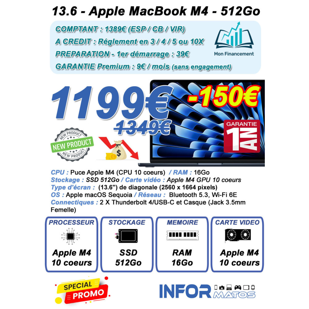 Apple MacBook Air M4 13 pouces Minuit 16Go/512 Go - ZON