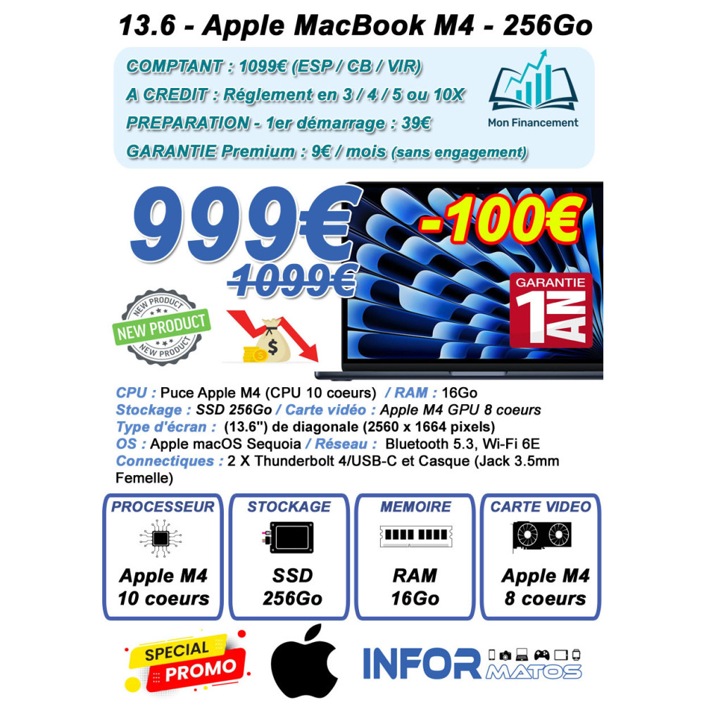 Apple MacBook Air M4 13 pouces Minuit 16Go/256 Go - ZON