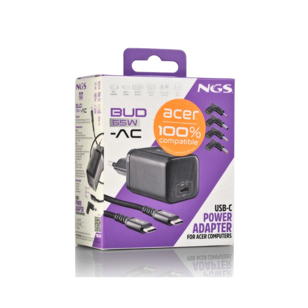 Chargeur GAN 65W avec Cable 1,5M USB-C et 4 Embouts Ordinateur Portable ACER NGS BUD 65W-AC - Noir - LCDP