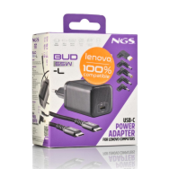 Chargeur GAN 65W avec Cable 1,5M USB-C et 5 Embouts pour Ordinateur Portable LENOVO NGS BUD 65W-L - Noir - LCDP