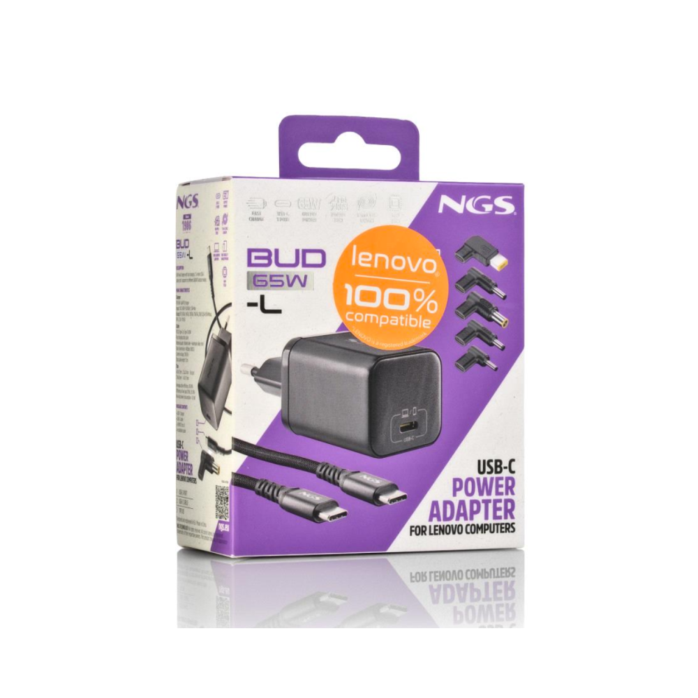 Chargeur GAN 65W avec Cable 1,5M USB-C et 5 Embouts pour Ordinateur Portable LENOVO NGS BUD 65W-L - Noir - LCDP