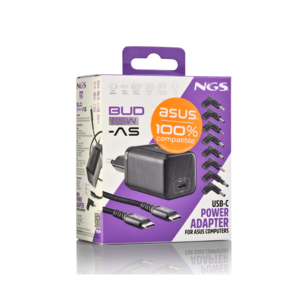 Chargeur GAN 65W avec Cable 1,5M USB-C et 8 Embouts Ordinateur Portable ASUS NGS BUD 65W-AS - Noir - LCDP