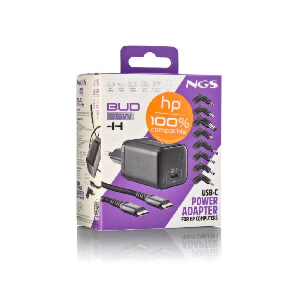 Chargeur GAN 65W avec Cable 1,5M USB-C et 8 Embouts pour Ordinateur Portable HP NGS BUD 65W-H - Noir - LCDP