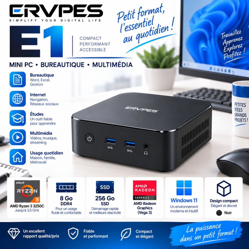 Mini PC ERVPES E1 - Ryzen 3250C 3.5GHz - 8 Go / 256Go SSD - Windows 11 - Noir - IMP