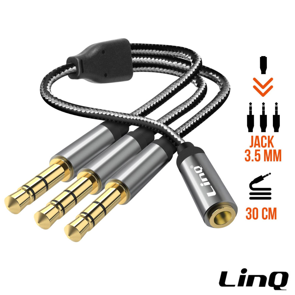 Câble Audio Jack 3.5mm Mâle / 3 Jack 3.5mm Femelles Nylon Tressé 30cm LinQ M1F3 - LCDP Câble Audio Jack 3.5mm Mâle / 3 Jack 3.5mm Femelles Nylon Tressé 30cm LinQ M1F3 - LCDP