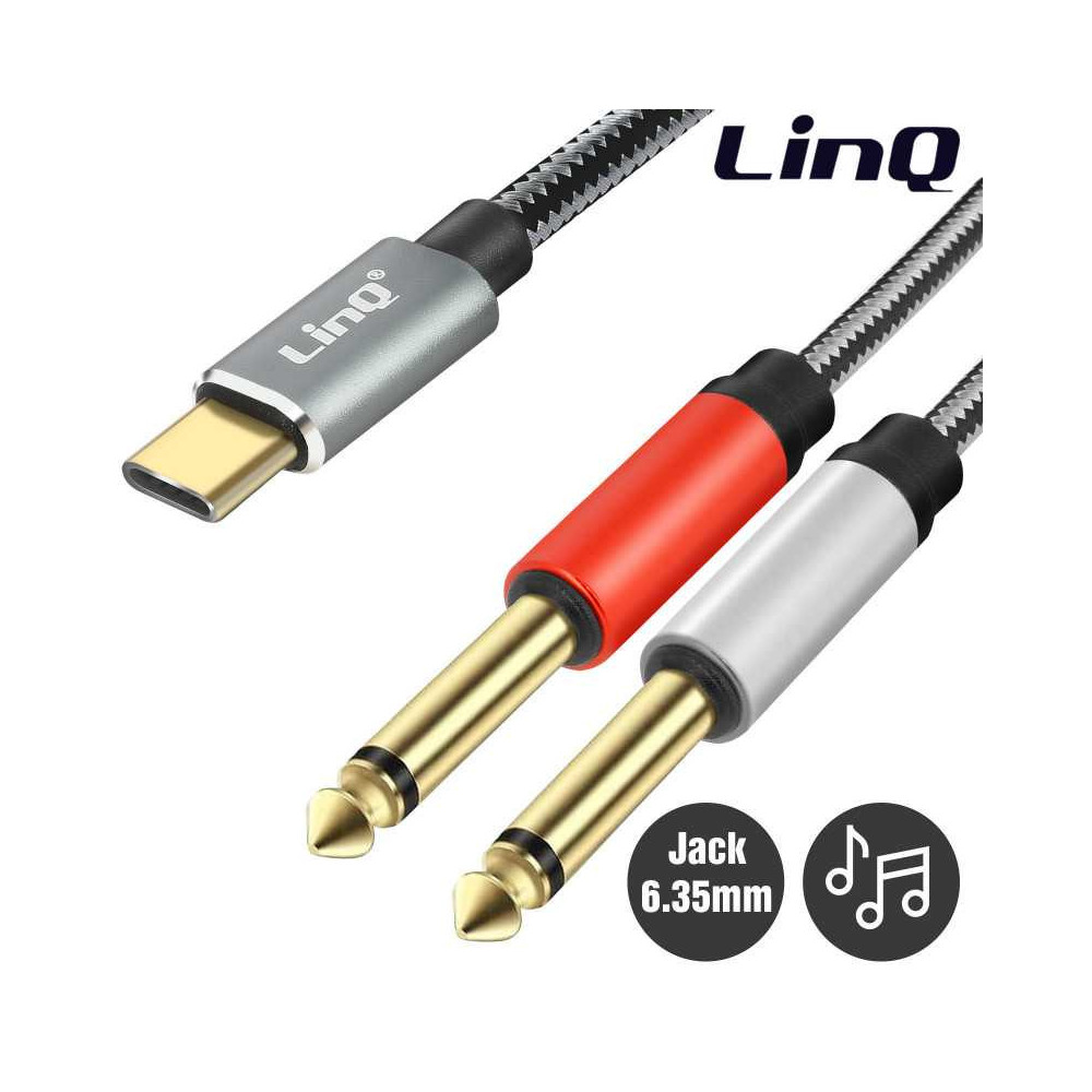Câble Audio Type-C Mâle / 2 Jack 6.35mm Mâles Nylon Tressé 1.5m LinQ KL6309 - LCDP Câble Audio Type-C Mâle / 2 Jack 6.35mm Mâles Nylon Tressé 1.5m LinQ KL6309 - LCDP