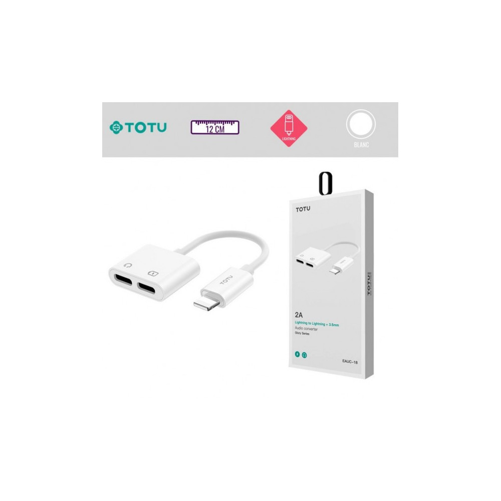 Adaptateur Lightning 2 en 1 - Charge et écoute 2 Lightning Blanc TOTU - CHR Adaptateur Lightning 2 en 1 - Charge et écoute 2 Lightning Blanc TOTU - CHR