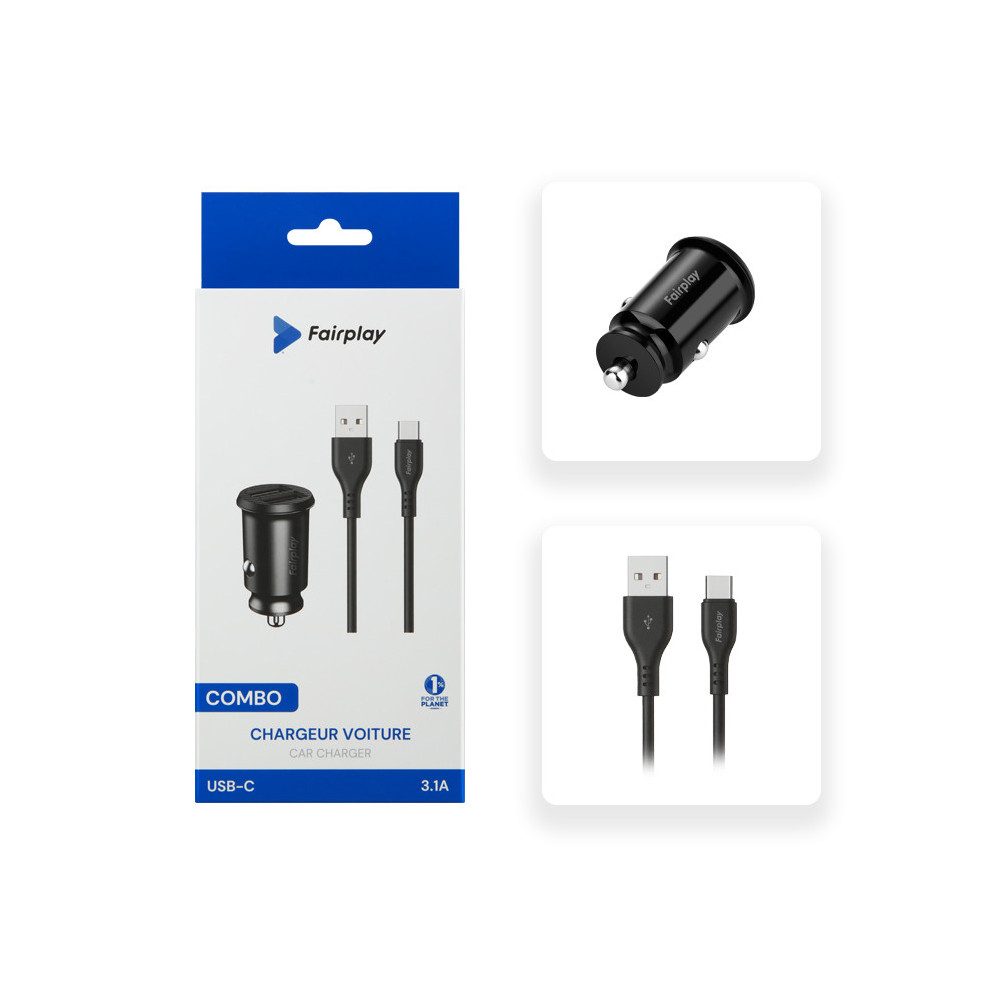 FAIRPLAY Pack Chargeur Voiture 60W + Câble USB-C (Noir) - UTO FAIRPLAY Pack Chargeur Voiture 60W + Câble USB-C (Noir) - UTO