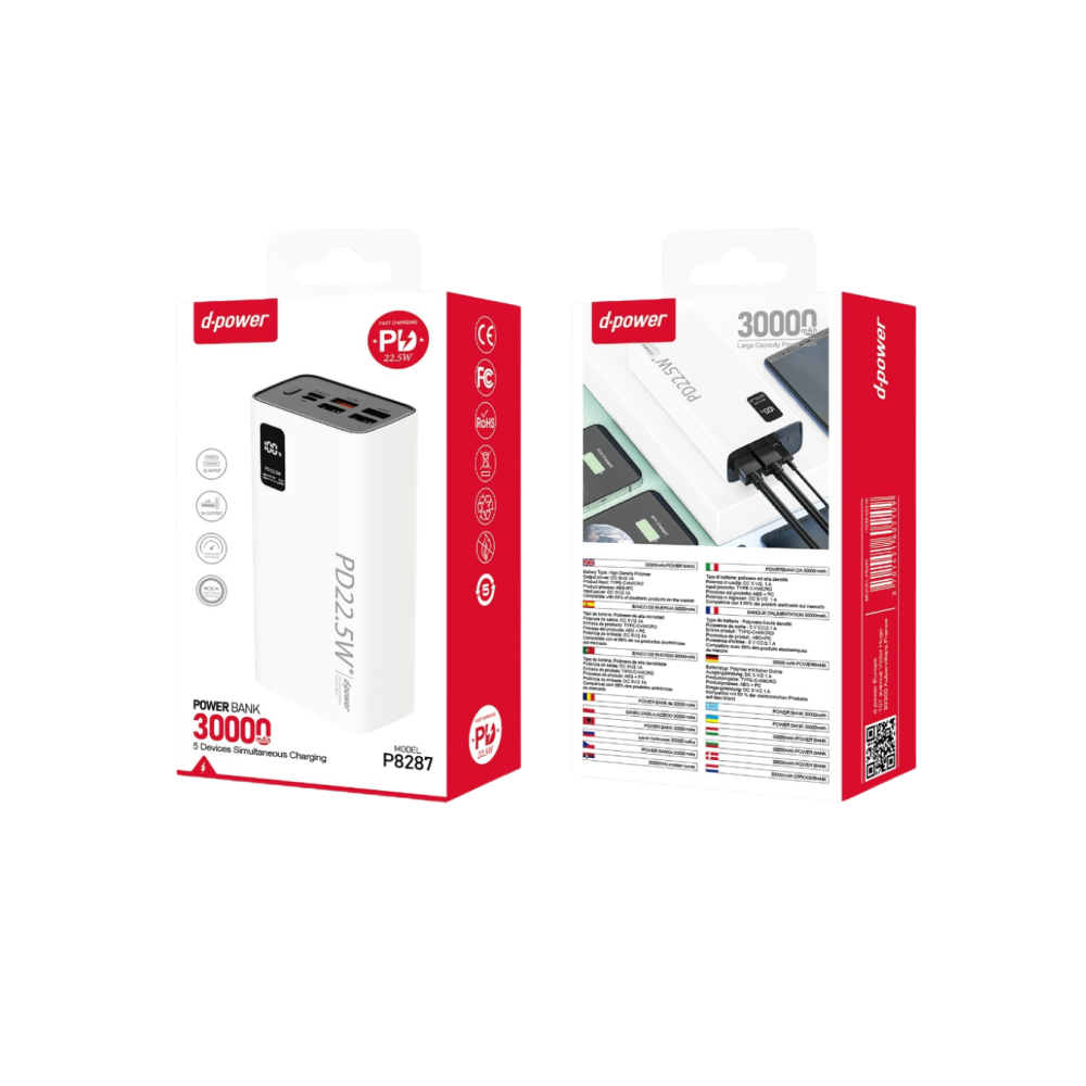 PowerBank 30000mAh D-Power P8287 - 22.5W (Blanc) - 1FO PowerBank 30000mAh D-Power P8287 - 22.5W (Blanc) - 1FO