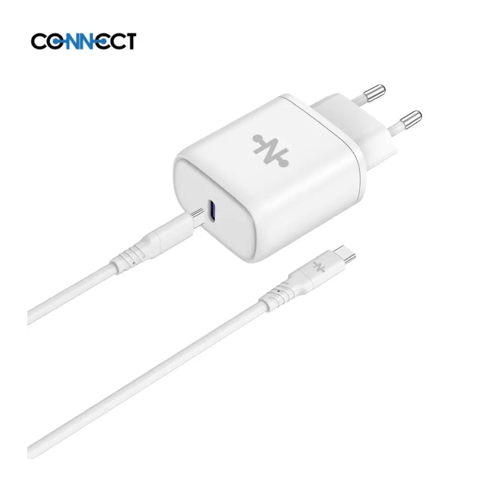 Chargeur Secteur USB-C CONNECT Charge Rapide 25W avec Câble Data Type-C vers Type-C (1m) Blanc - MOB