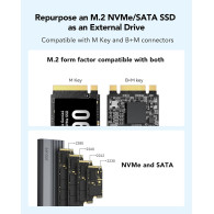 Boitier externe USB 3.2 Lexar E350 - S-ATA/NVMe M.2 Type 2280 (Argent) - 1FO