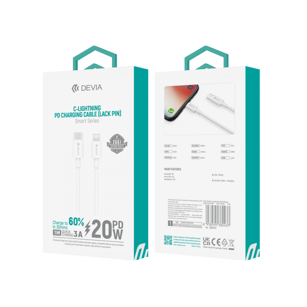 1M Lightning vers USB-C Devia Smart Series - PD 20V 3A (Blanc) - LCDP 1M Lightning vers USB-C Devia Smart Series - PD 20V 3A (Blanc) - LCDP